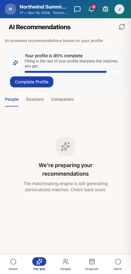 The attendee app's AI Recommendations screen with people to meet and their match reasons