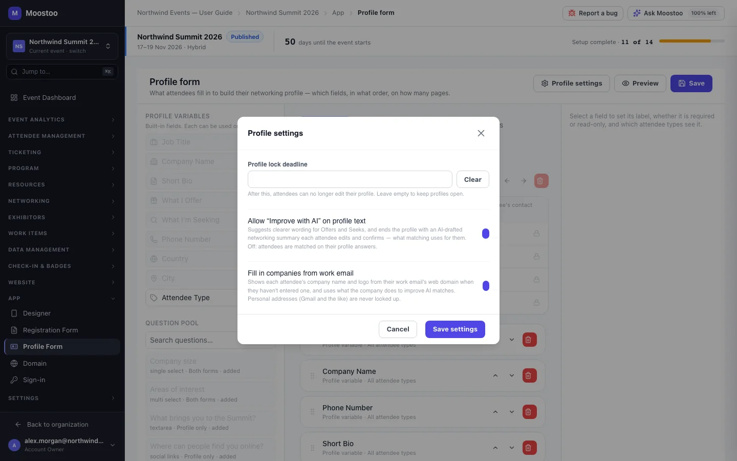 The Profile settings dialog with the Improve with AI and Fill in companies from work email switches