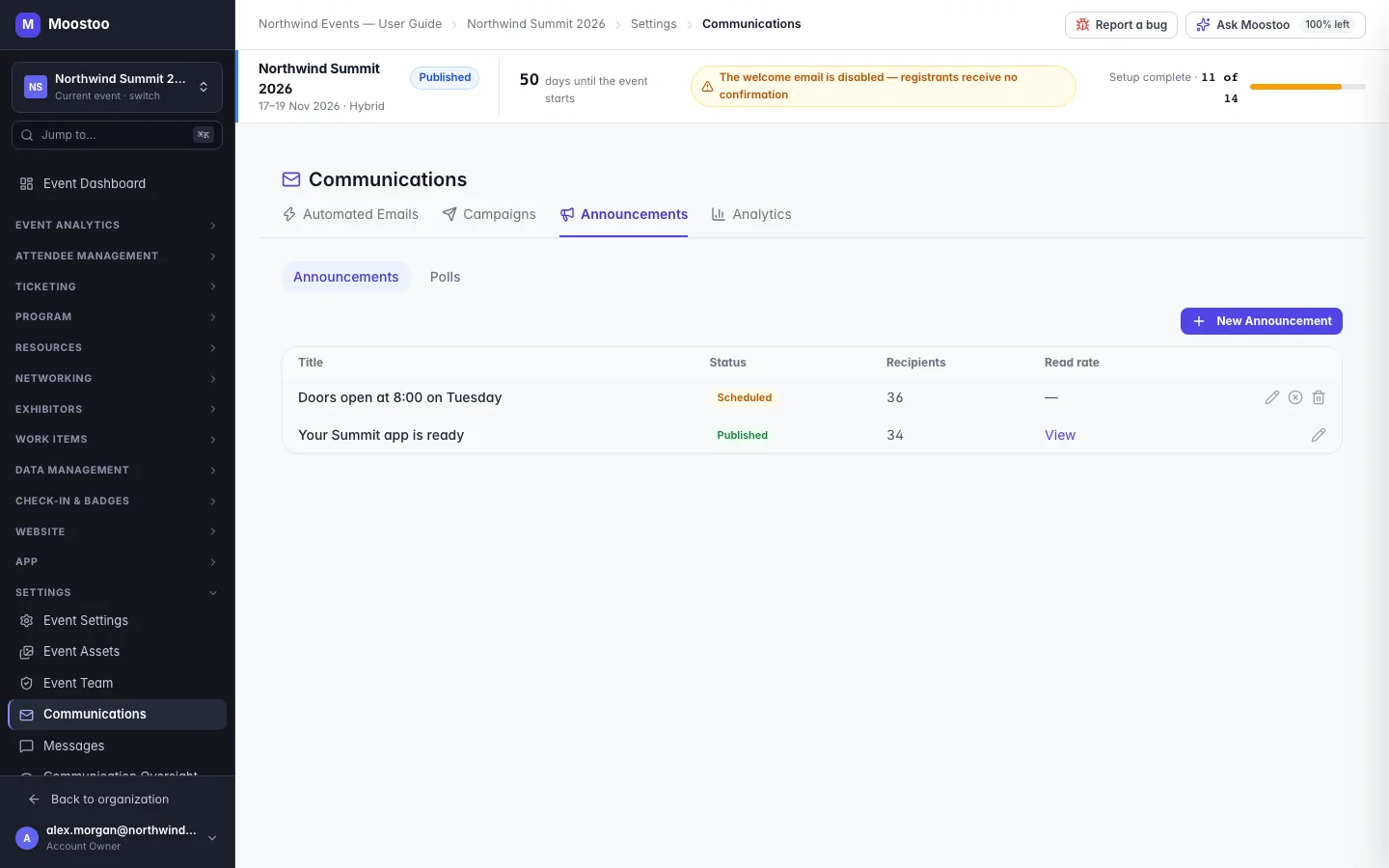 The Announcements tab listing announcements with title, status, recipients and read rate