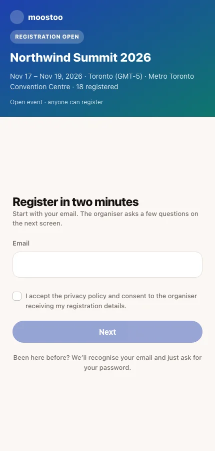 The attendee app's entry screen for Northwind Summit 2026 with its sign-in options