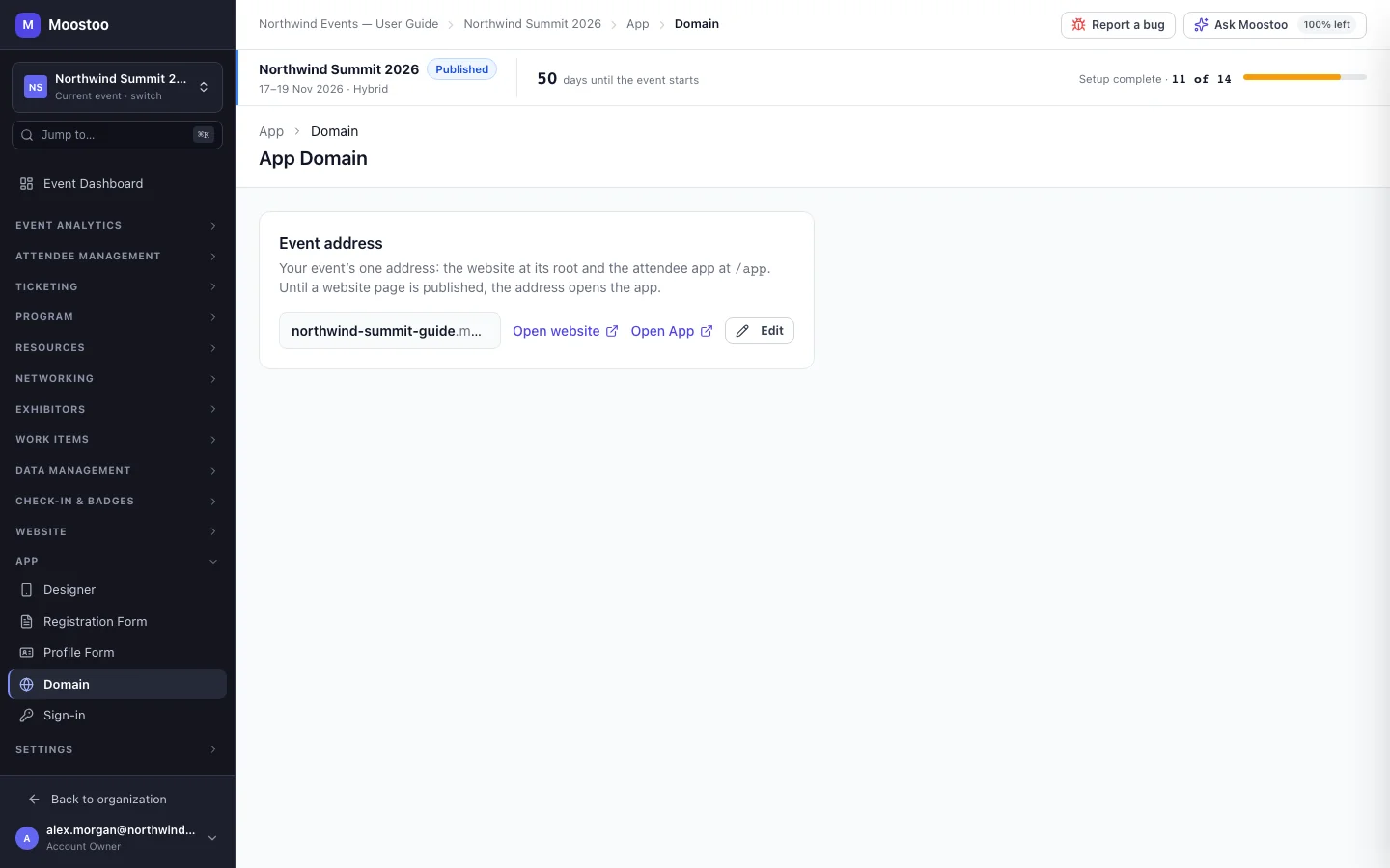 The App Domain screen showing the Northwind Summit event address with Open website, Open app and Edit
