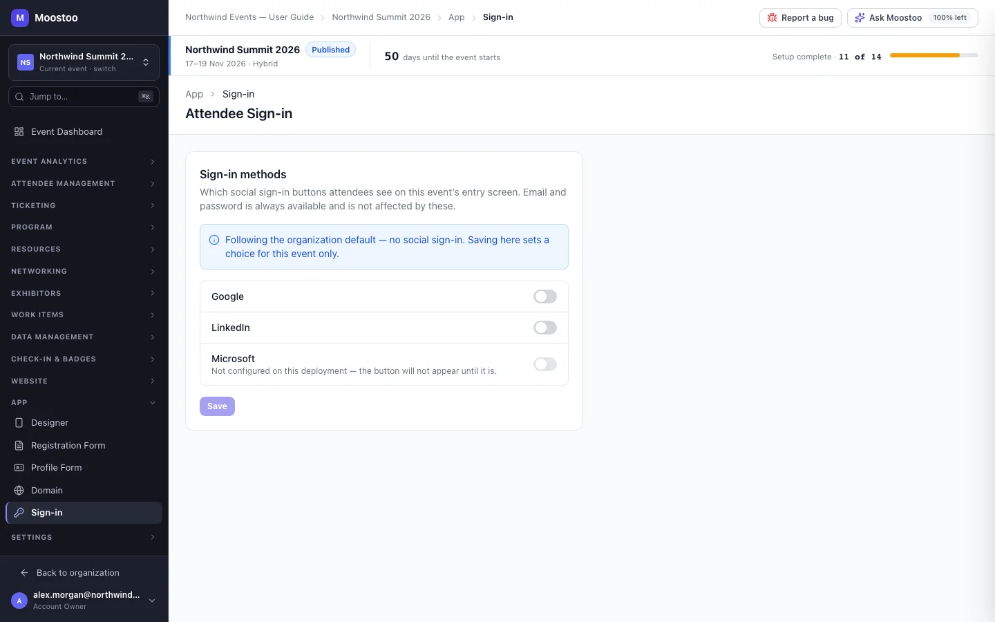 The Attendee Sign-in screen with switches for Google, LinkedIn and Microsoft