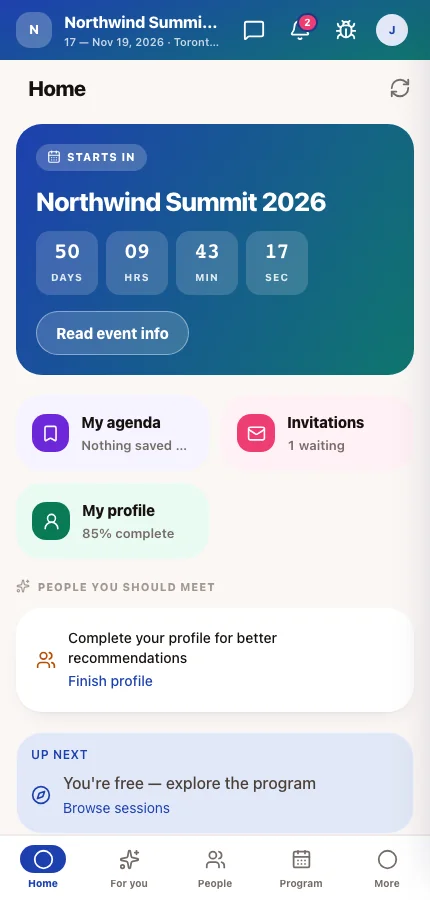 The attendee app home screen for Northwind Summit 2026 with its bottom tabs