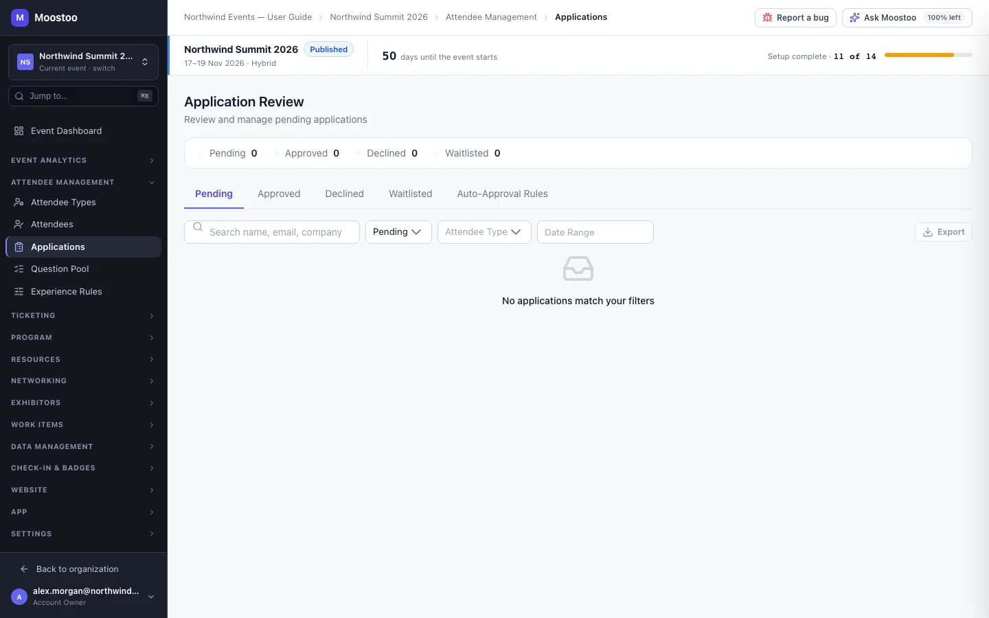 Application Review with tabs for Pending, Approved, Declined, Waitlisted and Auto-Approval Rules, and a table of applicants