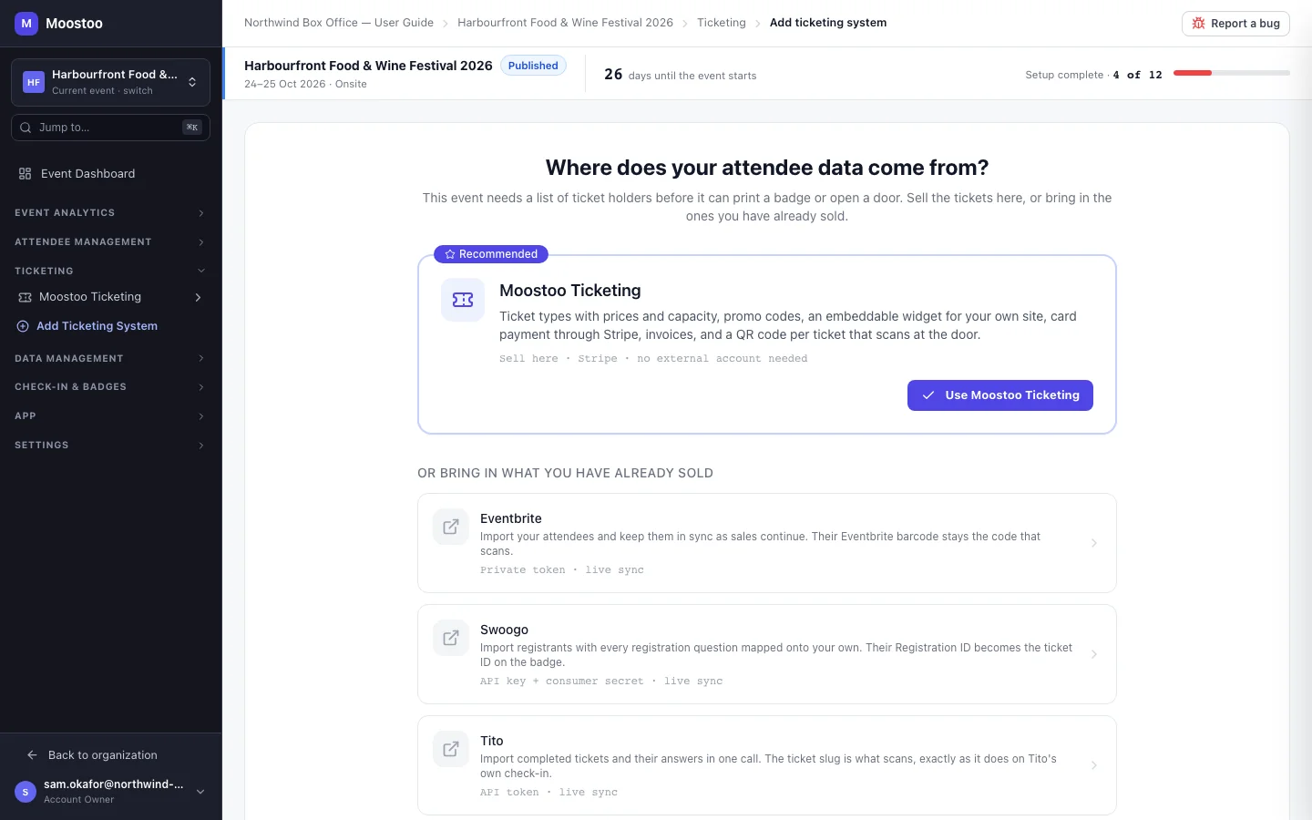 Where does your attendee data come from? — Moostoo Ticketing recommended, and Eventbrite, Swoogo, Tito and Lu.ma below