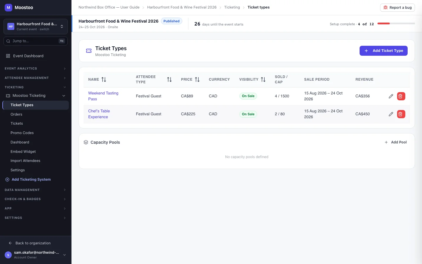 The console event's Moostoo Ticketing system with its ticket types