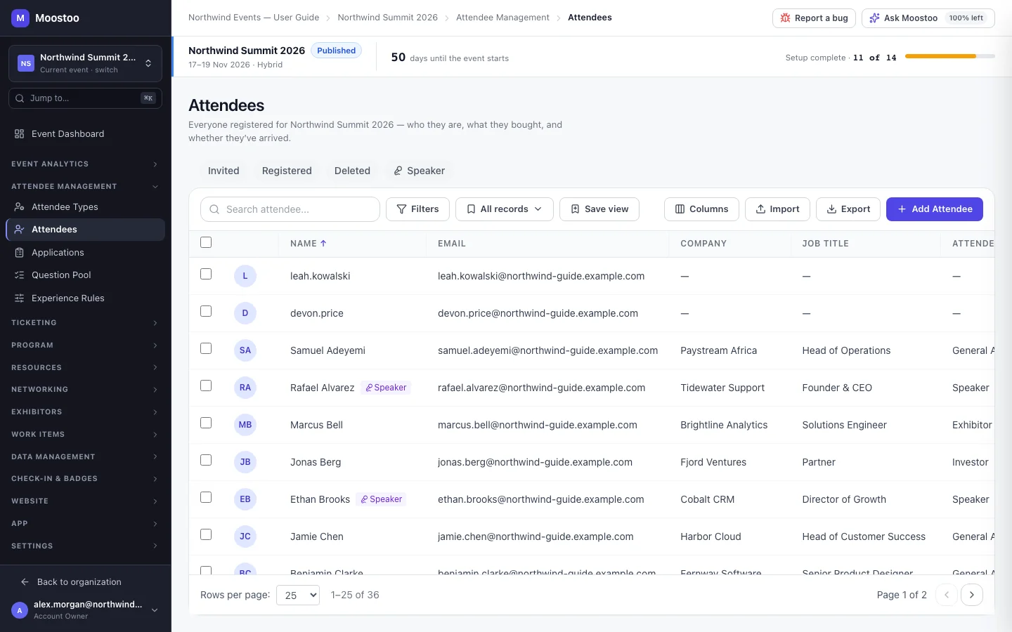 The Attendees table for Northwind Summit 2026 with status chips, search and columns for name, email, company, attendee type, status and check-in