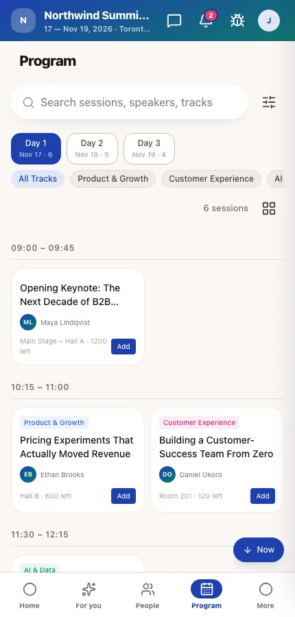 The attendee app's Program screen showing the day's sessions
