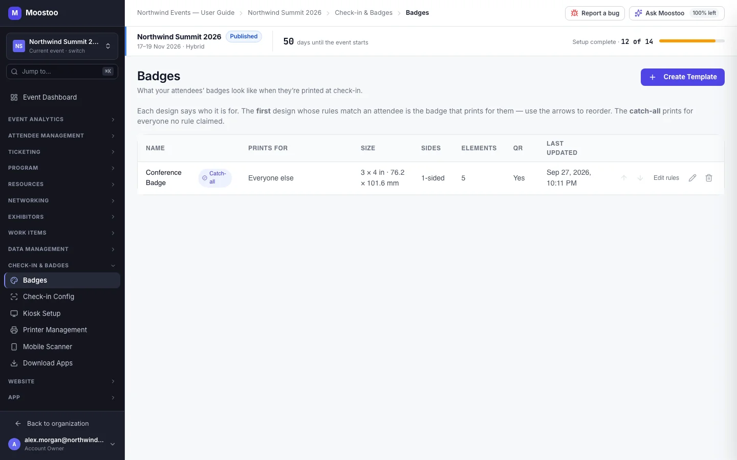 The Badges list with designs, their Prints for rules, size, sides and QR columns