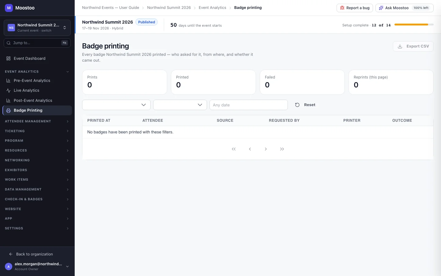 The Badge Printing report with totals, a per-source breakdown, filters and the list of prints