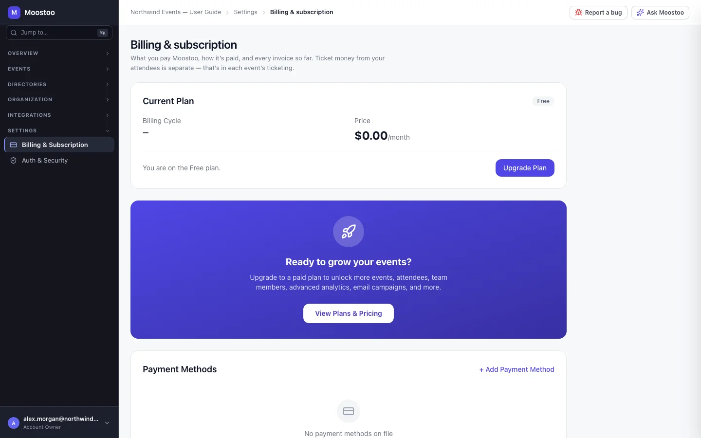 Billing & Subscription with the current plan card, payment methods, invoices, tax information and usage bars
