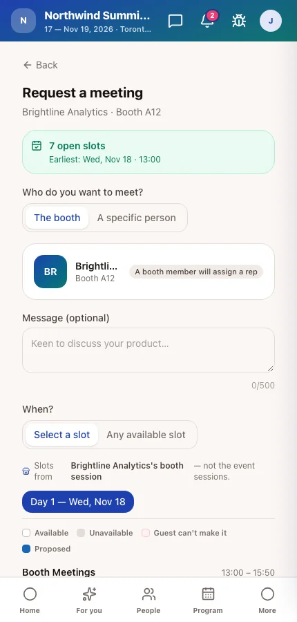The booth meeting request screen in the attendee app, offering Brightline Analytics' booth slots