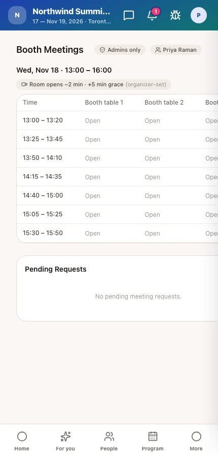 The booth meeting calendar in the attendee app as a booth admin sees it