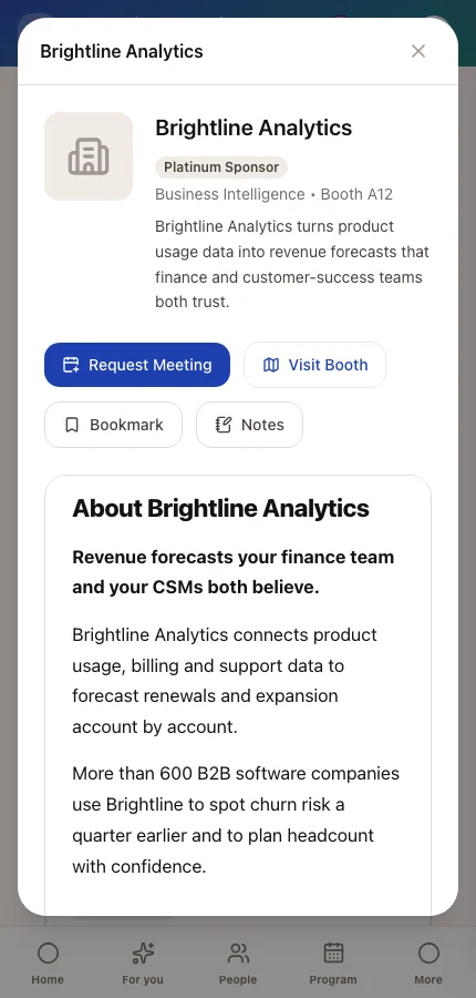 An exhibitor's details in the attendee app showing the Brightline Analytics booth page