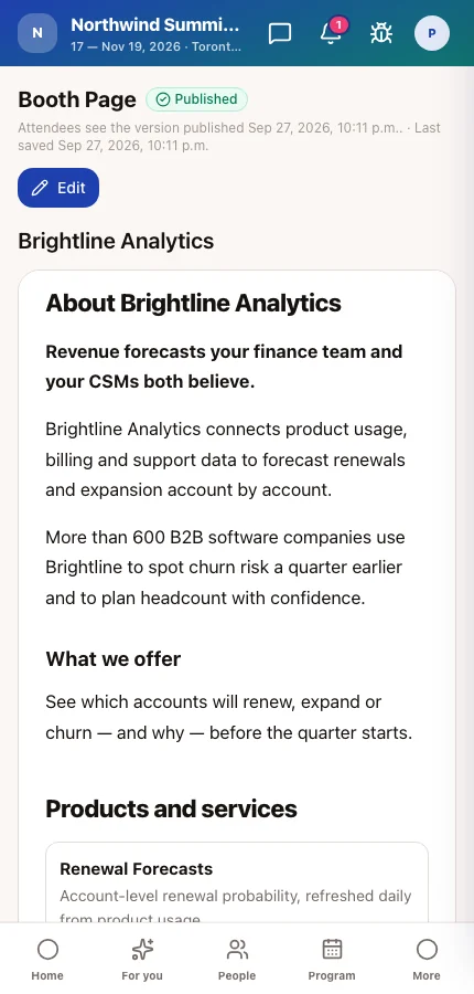 The Booth Page screen in the attendee app as Priya Raman, booth admin of Brightline Analytics, sees it
