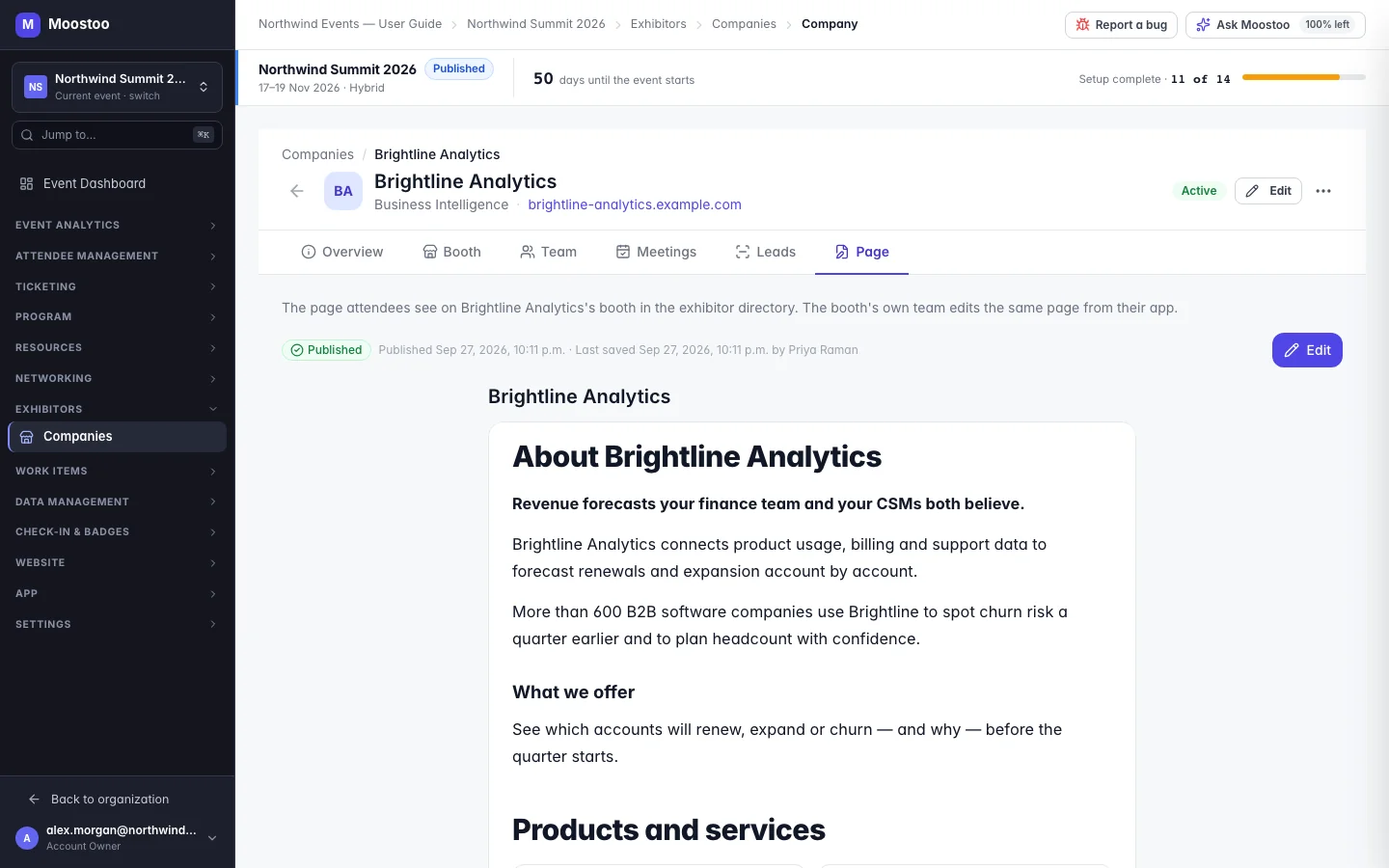 The Page tab of Brightline Analytics showing the published booth page with its publishing badge and Edit button