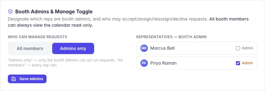 The Booth Admins and Manage Toggle panel with the All members / Admins only switch and an Admin checkbox beside each representative