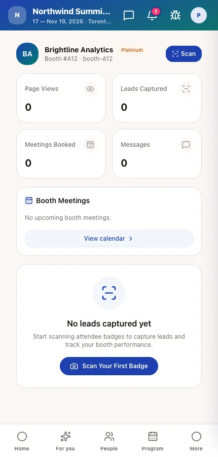 The booth dashboard in the attendee app, as Priya Raman of Brightline Analytics sees it