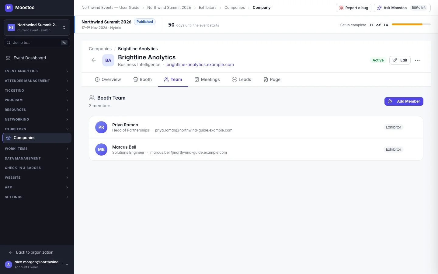 The Team tab of Brightline Analytics listing its booth representatives