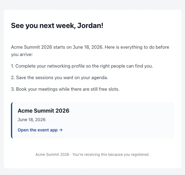 The “Final week” campaign email as a recipient sees it: a checklist, the event details and a link to open the event app