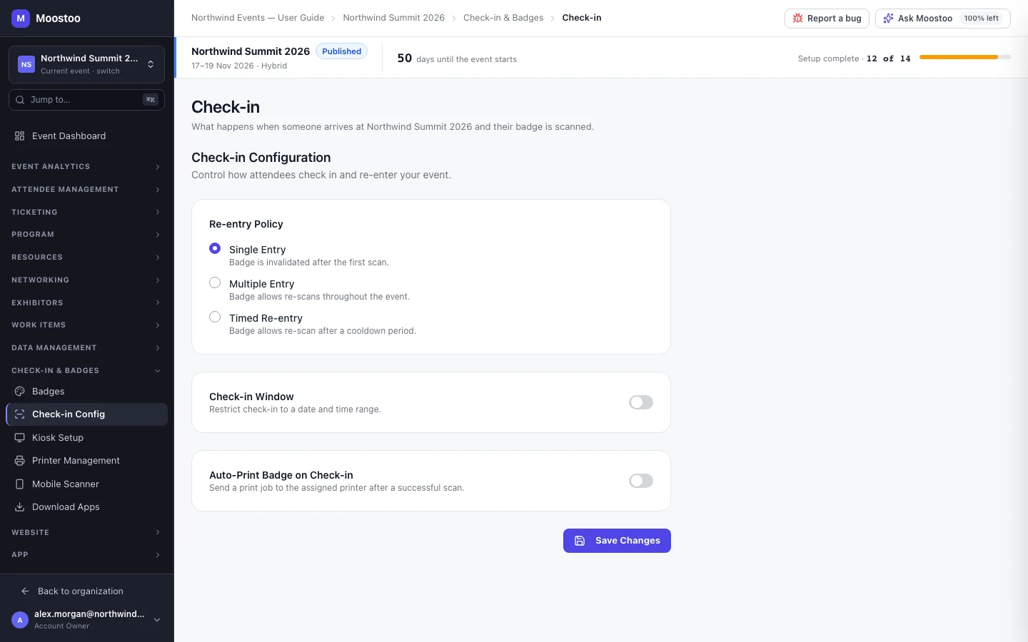 Check-in Configuration page with Re-entry Policy options, the Check-in Window and the Auto-Print Badge on Check-in switch