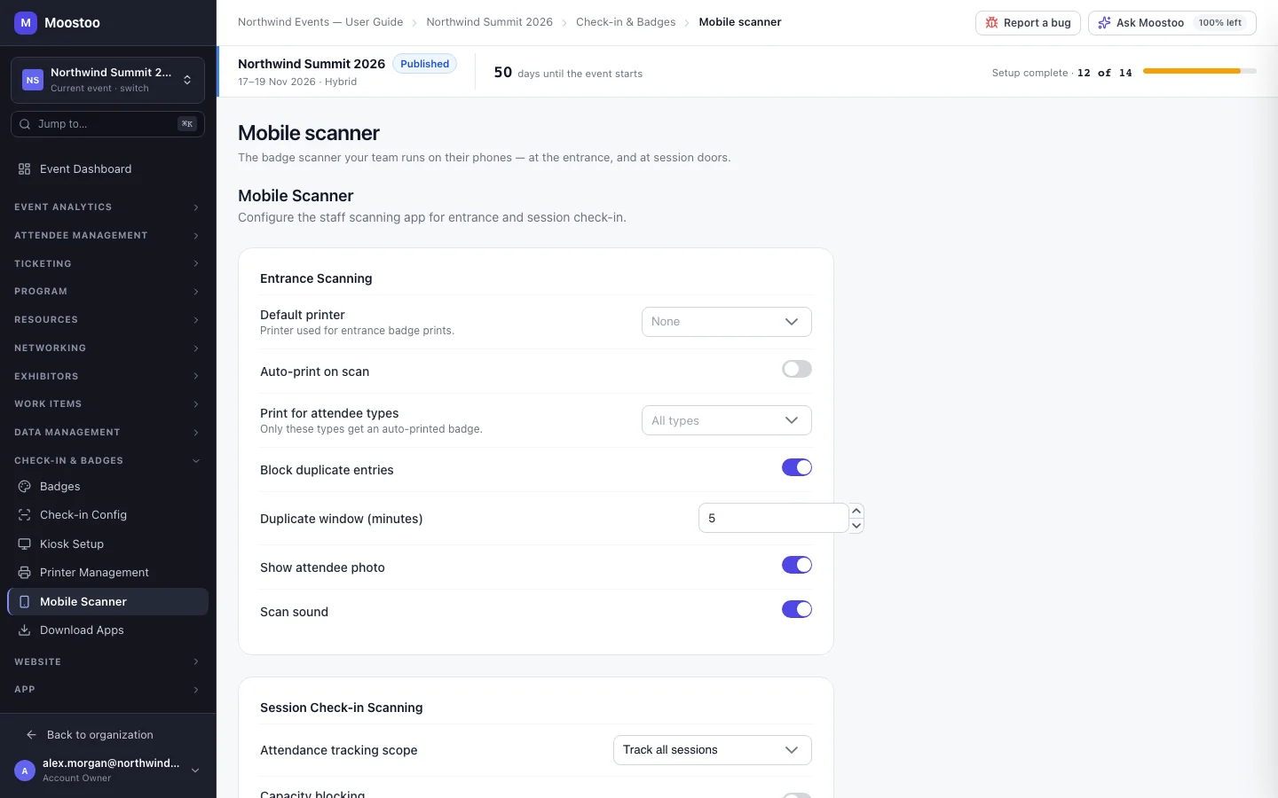 Mobile Scanner settings with Entrance Scanning and Session Check-in Scanning sections