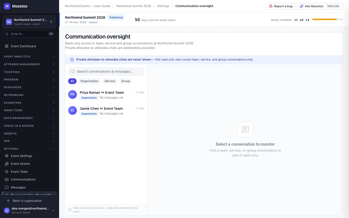 Communication Oversight with type filters, a searchable list of conversations and a read-only thread