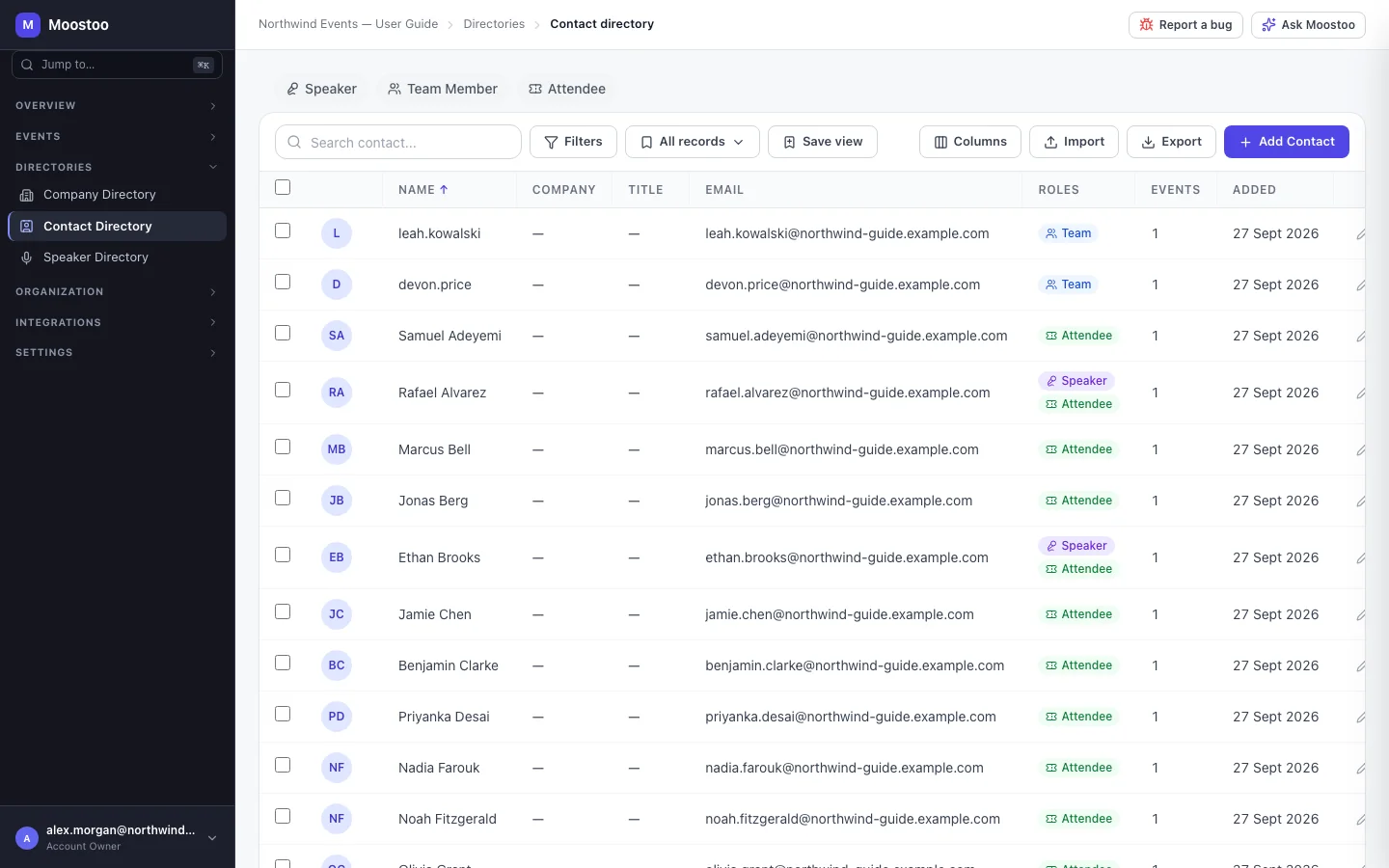 The organization Contact Directory listing people with company, title, roles and event count
