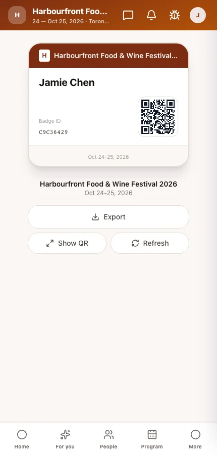 The attendee app's My Badge screen with the attendee's name and scannable code