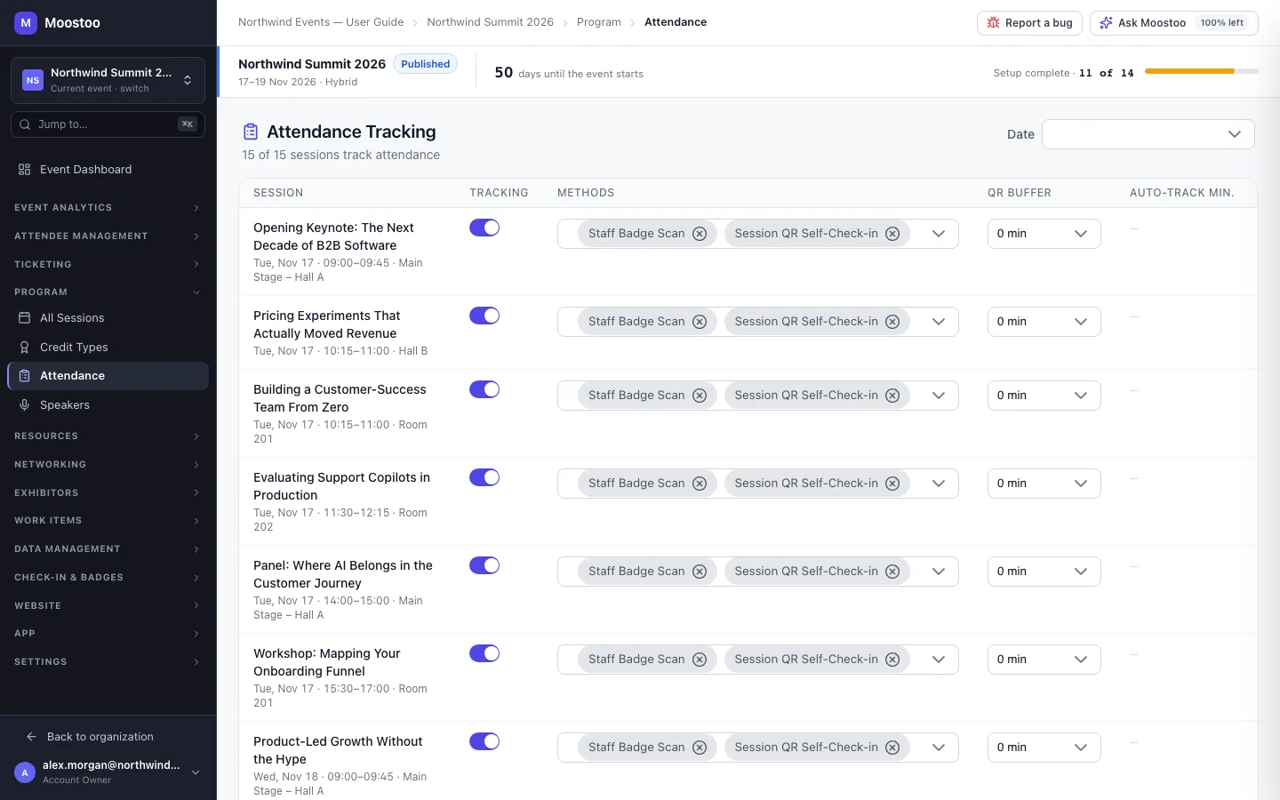 The Attendance page listing programme sessions with a tracking switch, methods, QR buffer and auto-track minimum