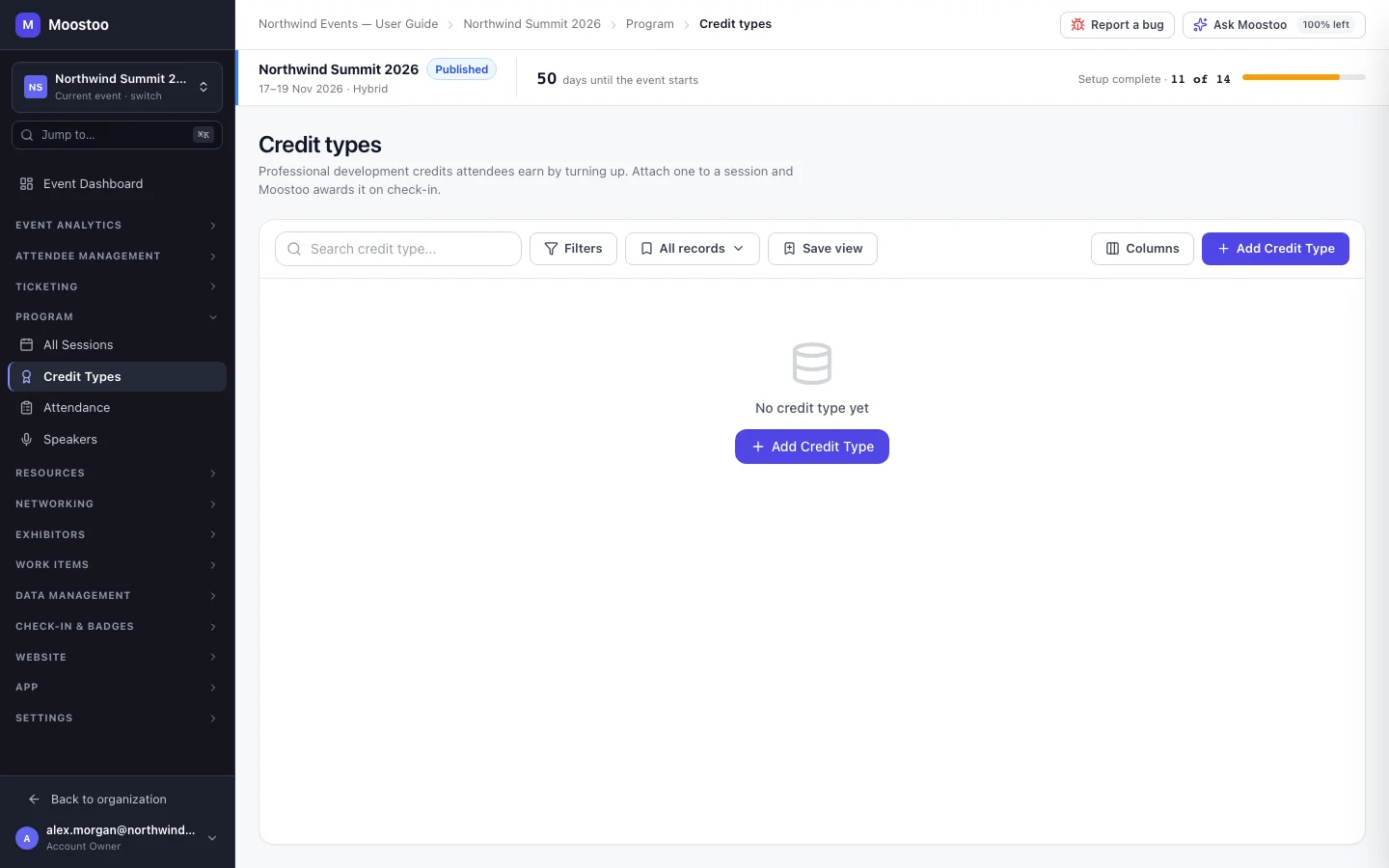 The Credit Types table with name, abbreviation, description, sessions and status