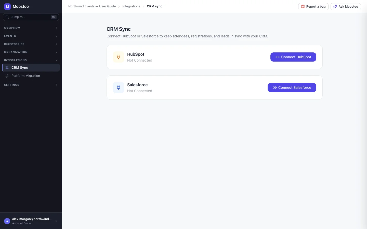 The CRM Sync screen with the HubSpot and Salesforce cards and their connection status