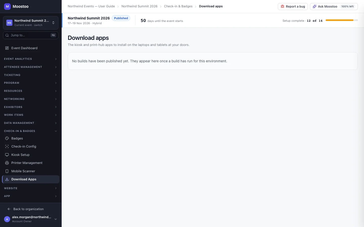 Download Apps screen listing Self-Service Kiosk and Print Queue Manager builds by platform