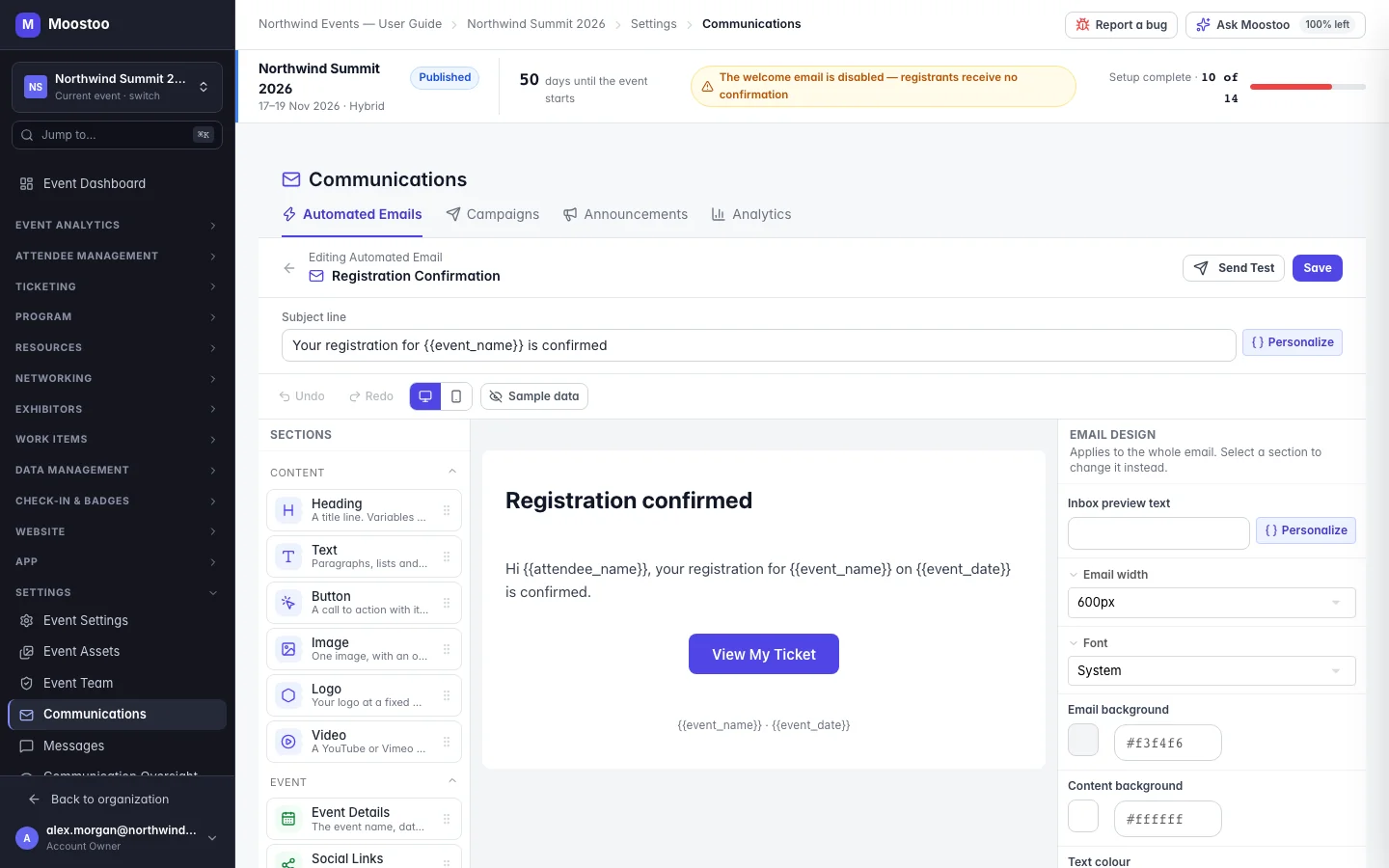 The email editor with the Sections catalog, the live preview of an email and the Email design options