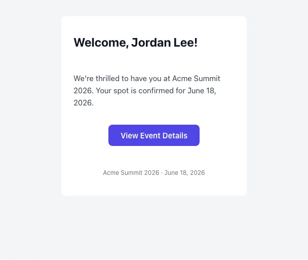 An email in the phone preview with Sample data on, showing how it reads on a recipient's phone with their name filled in