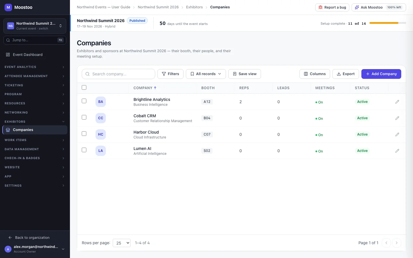 The event Companies list for Northwind Summit 2026 showing Brightline Analytics, Cobalt CRM, Harbor Cloud and Lumen AI with booth, reps, leads, meetings and status