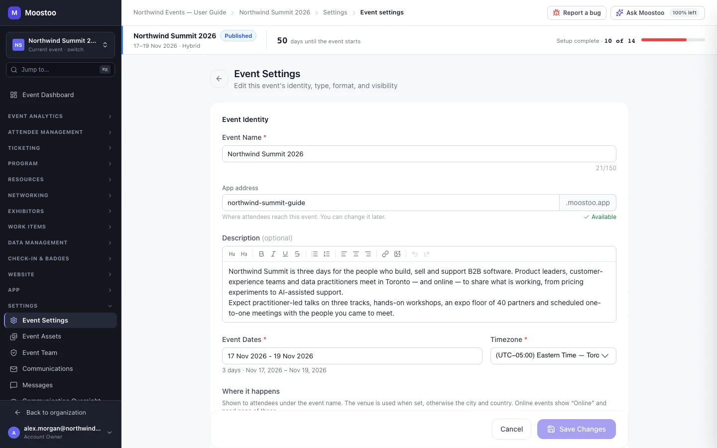 Event Settings page for Northwind Summit 2026 showing the Event Identity section with name, dates, timezone and location, and the Type & Format section