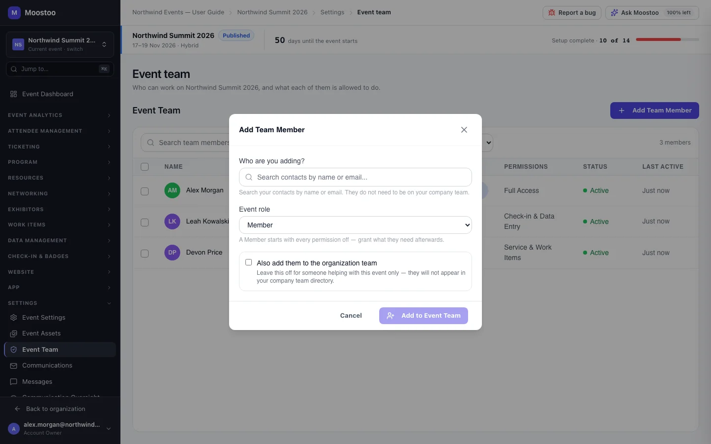 The Add Team Member dialog with a person search, the Event role picker and the organization team checkbox