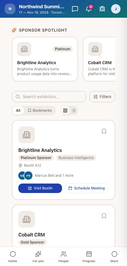 The attendee app's Exhibitors page divided into groups
