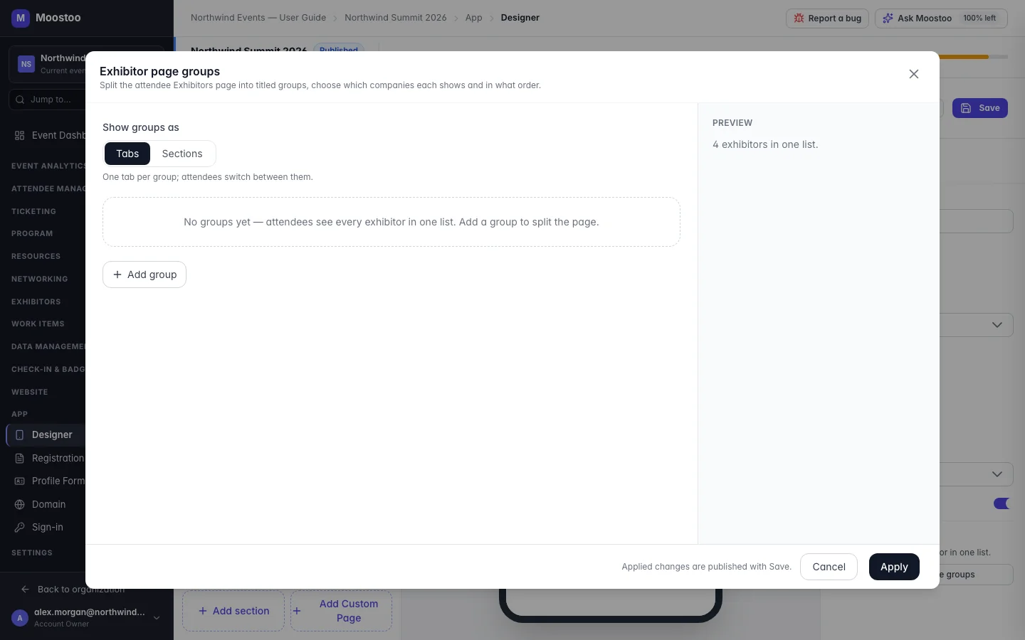The Exhibitor page groups dialog with the Tabs/Sections choice, two groups defined by filter and a preview