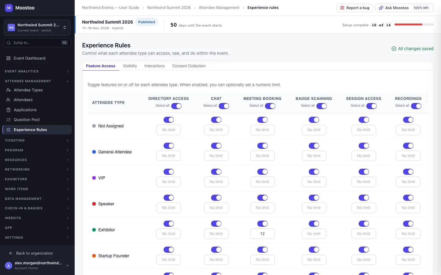 The Feature Access tab with attendee types as rows, features as columns, switches, optional limits and Select all switches in each column header