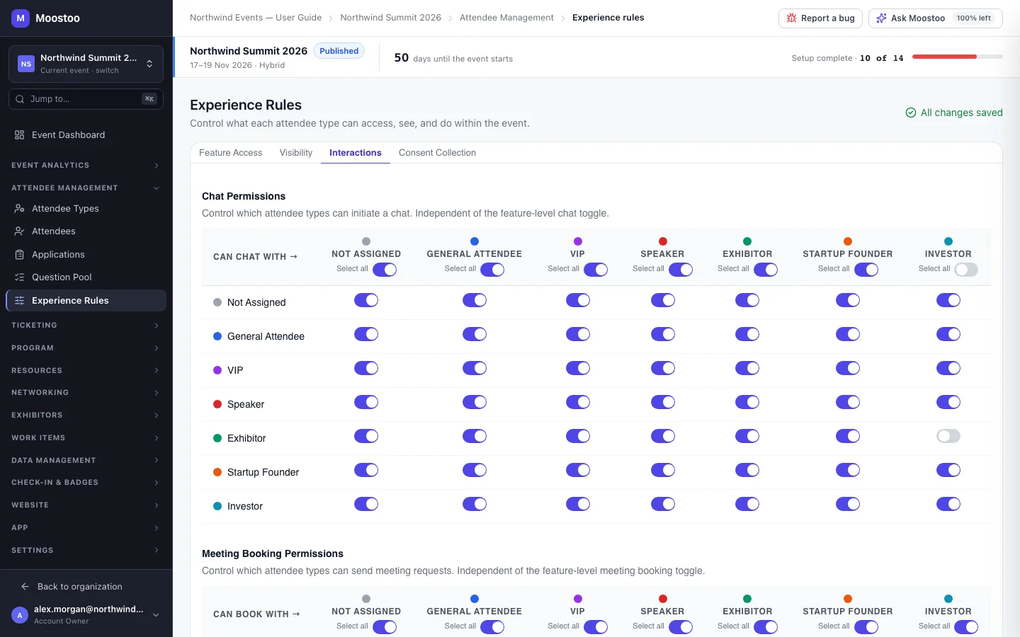 The Interactions tab with the Chat Permissions and Meeting Booking Permissions grids