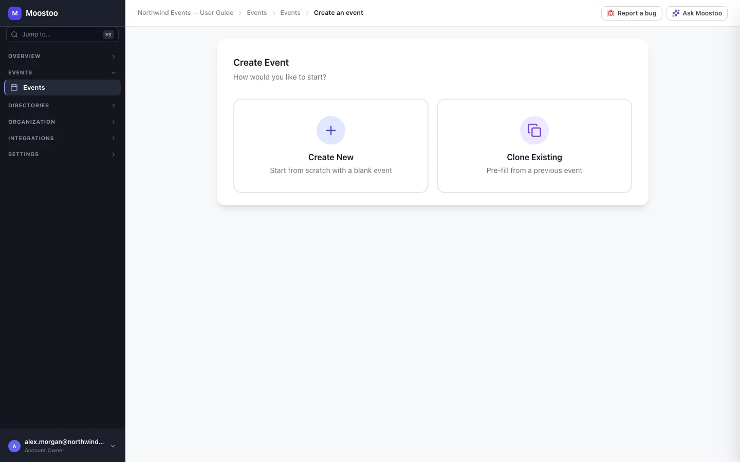 The Create Event screen asking how you would like to start, with Create New and Clone Existing