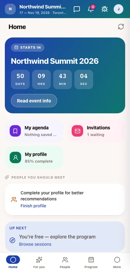The attendee app home screen for Jamie Chen at Northwind Summit 2026