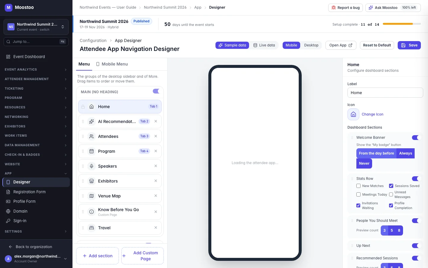 The Home page's settings in the App Designer listing the dashboard sections with their switches and options