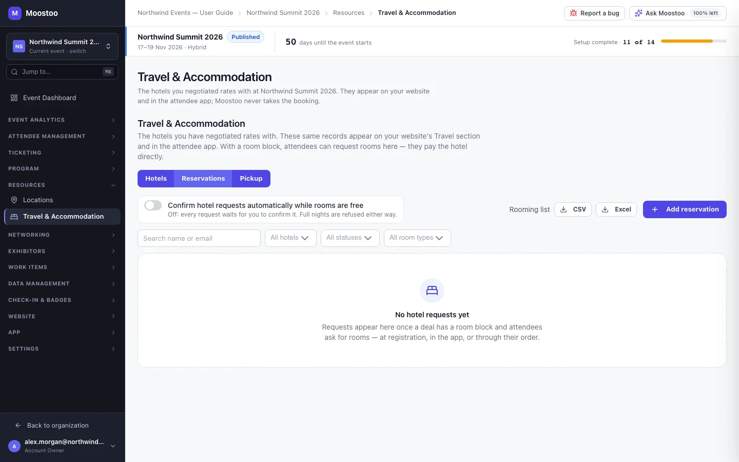 Travel & Accommodation Reservations view with the automatic confirmation switch and a table of hotel requests