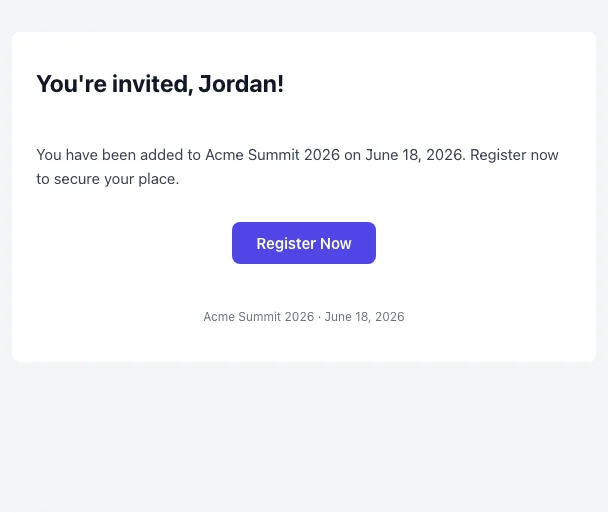 The Event Invitation email a newly imported attendee receives, with their name and a link to register