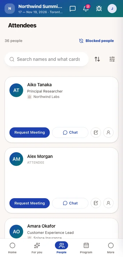 The attendee app's People directory listing attendees