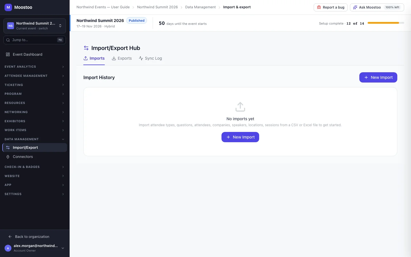 The Import/Export Hub's Imports tab listing past imports with Created, Updated, Skipped and Errors counts