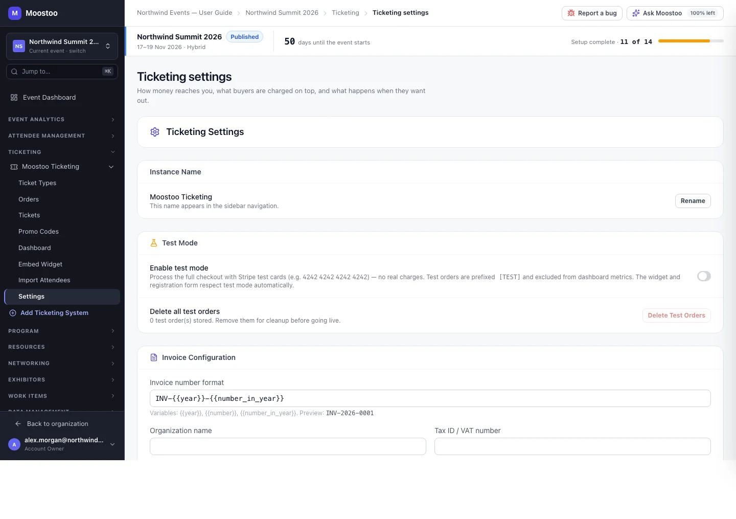 Ticketing Settings with Instance Name, Test Mode, Invoice Configuration, Tax Types and the Danger Zone